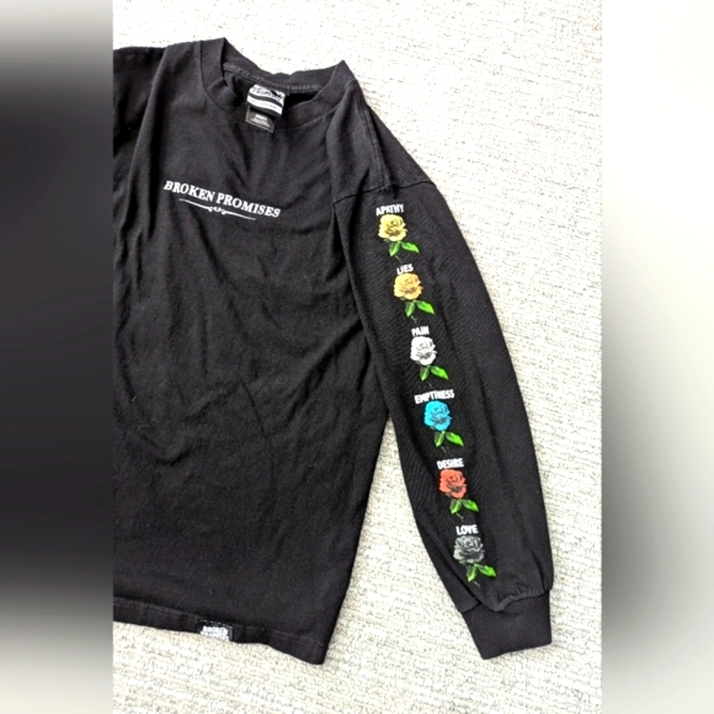 Broken Promises Unisex (Size Small) Black Tee with Graphics On Both Sleeves